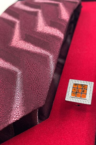 Kravatkolik Claret Red Italian Silk Tie Steel Cufflinks Men's Gift Set Sks02