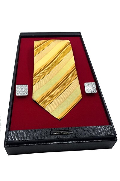 La Pescara Yellow Italian Silk Tie Steel Cufflinks Men's Gift Set Sks44