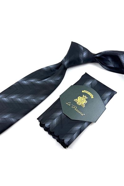 Kravatkolik Black Motif Pattern Classic Tie with Handkerchief Kk11326