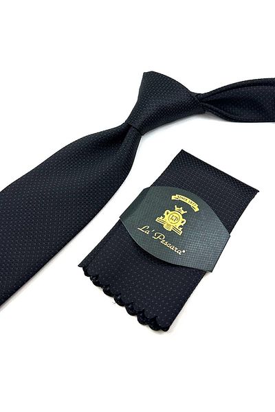 Kravatkolik Classic Necktie with Black Dot Pattern Handkerchief KK12339
