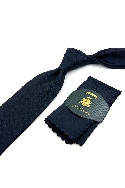 Kravatkolik Navy Blue - Black Motif Pattern Classic Necktie with Handkerchief KK12015