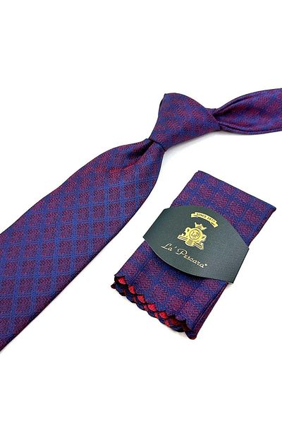 Kravatkolik Claret Red - Navy Blue Square Pattern Classic Tie with Handkerchief KK12486
