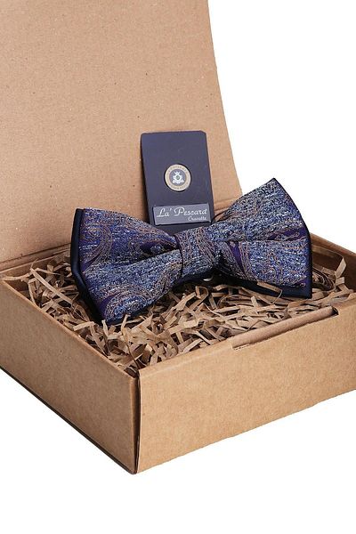 Kravatkolik Men's Blue Shawl Pattern Bow Tie P1394