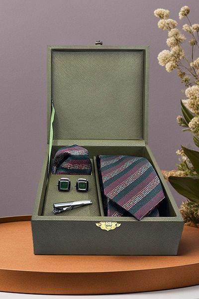 Kravatkolik Green Men's Gift Box - Tie Cufflink Tie Clip KMK15