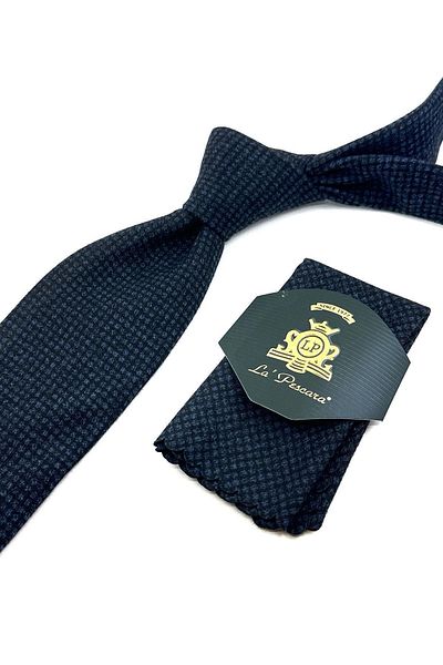 Kravatkolik Black - Blue Small Pattern Classic Wool Tie with Handkerchief KK12141