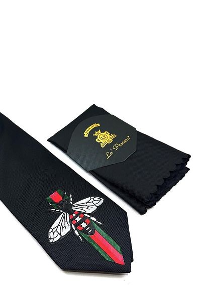 La Pescara Black Plain Fly Emblem Printed Tie Kk11696