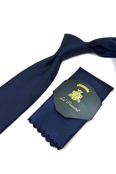 Kravatkolik Navy Blue Plaid Pattern Classic Tie with Handkerchief Kk11083