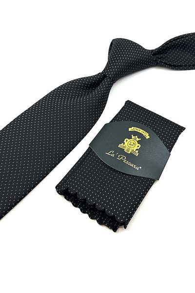 Kravatkolik Classic Tie with Black Dot Pattern Handkerchief KK12500