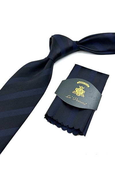 Kravatkolik Black Striped Tie with Handkerchief - KK12576