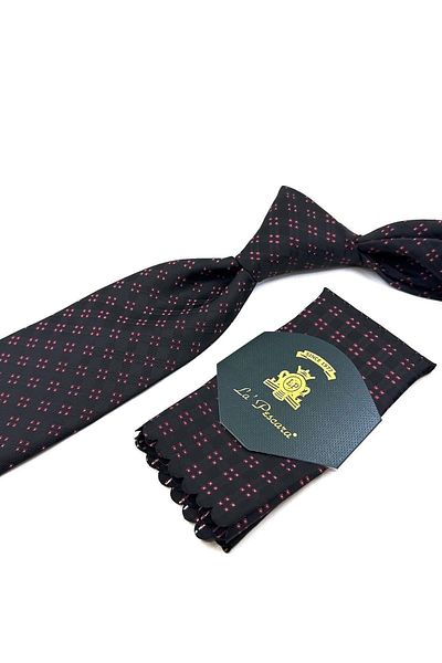 Kravatkolik Black Square Pattern Classic Tie with Handkerchief Kk11388