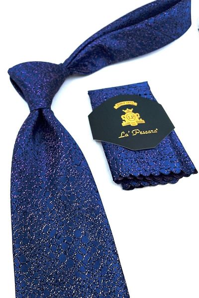 Kravatkolik Navy Blue Sand Pattern Classic Tie with Handkerchief