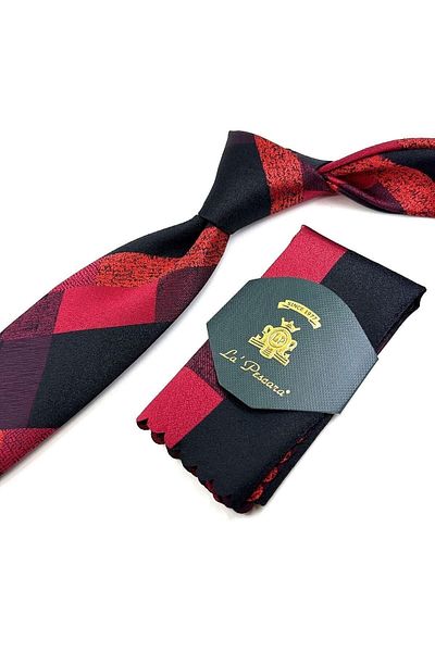 Kravatkolik Red - Black Plaid Pattern Classic Tie with Handkerchief Kk11126