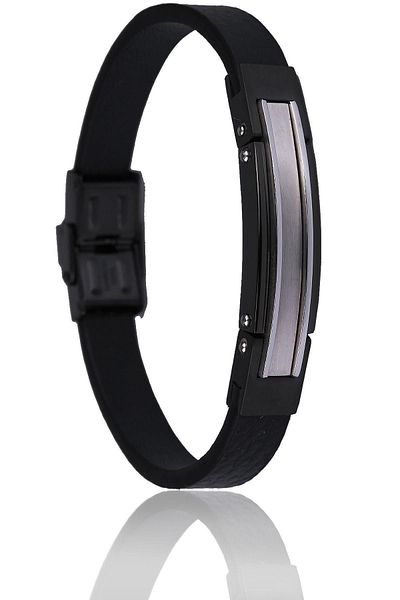 Kravatkolik Black - Silver Color Leather Steel Men's Bracelet Blk1545