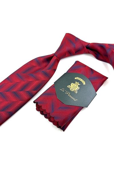Kravatkolik Classic Tie with Red Motif Pattern Handkerchief Kk11325