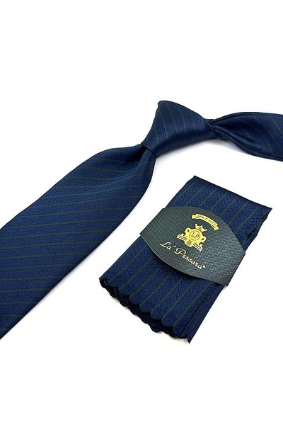 Kravatkolik Navy Blue Line Pattern Classic Necktie with Handkerchief KK12327