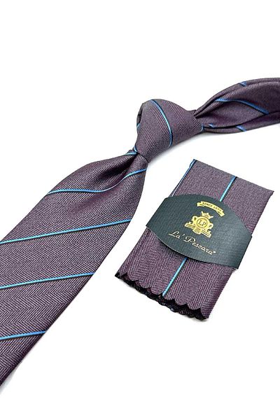 Kravatkolik Red-Grey Striped Classic Tie with Handkerchief - KK12637