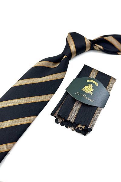 Kravatkolik Black Striped Tie with Handkerchief - KK12667