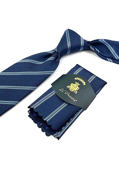 Kravatkolik Navy Blue Line Pattern Classic Necktie with Handkerchief KK12354