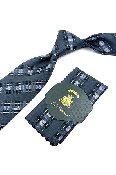 Kravatkolik Smoked Plaid Pattern Classic Necktie with Handkerchief KK11981
