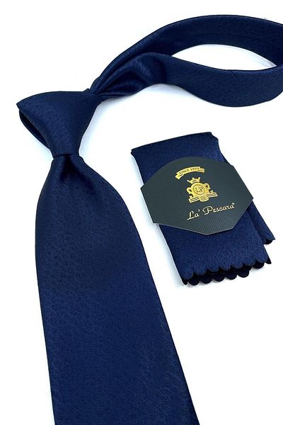 Kravatkolik Navy Blue Classic Tie with Self Pattern Handkerchief Kk10961