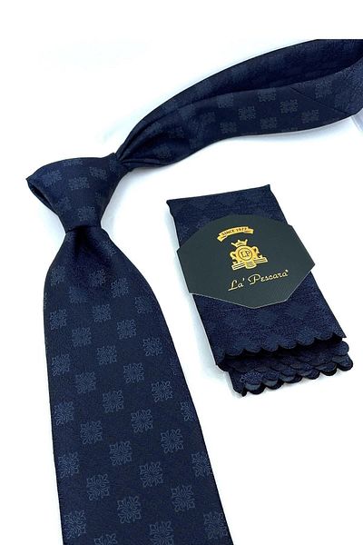 Kravatkolik Navy Blue Motif Pattern Classic Tie with Handkerchief Kk10950