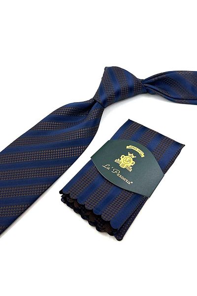 Kravatkolik Navy Blue Striped Brown Classic Tie - Handkerchief Design KK12316