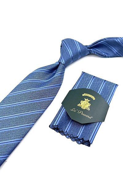 Kravatkolik Blue Striped Tie with Handkerchief - Kk12552