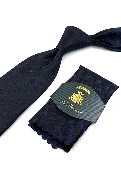 Kravatkolik Classic Necktie with Black Flower Pattern Handkerchief KK12038