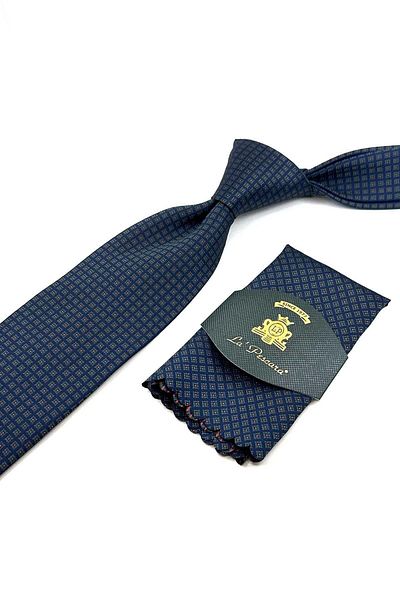 Kravatkolik Navy Blue - Green Small Pattern Classic Necktie with Handkerchief KK12385