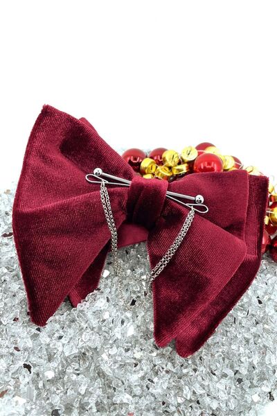 Kravatkolik Gümüş Renk Zincirli Bordo Kadife Büyük Papyon P1408