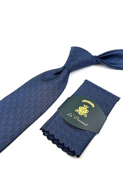 Kravatkolik Blue - Black Sand Pattern Classic Tie with Handkerchief KK12446