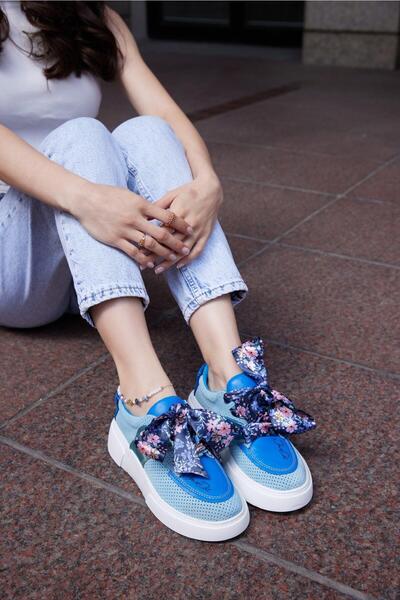 FOLLİNİ Kadın Mavi Hakiki Deri Kurdele Detaylı Sneaker