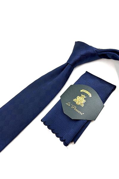 Kravatkolik Navy Blue Plaid Pattern Classic Tie with Handkerchief Kk11094