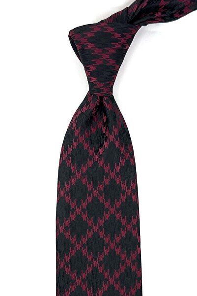 Kravatkolik Black - Claret Red Motif Pattern Classic Tie with Handkerchief KK...