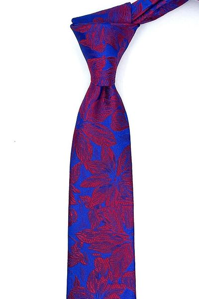 Kravatkolik Blue - Red Flower Pattern Thin Tie Sk7605