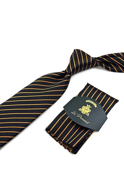 Kravatkolik Black - Orange Line Pattern Classic Necktie with Handkerchief KK12331