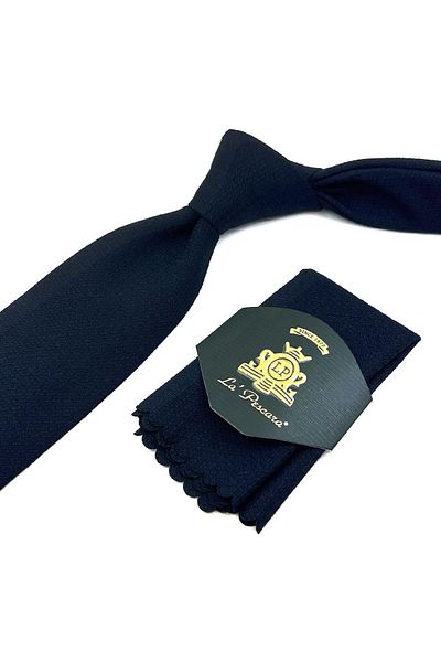 Kravatkolik Black Classic Wool Tie with Self Pattern Handkerchief KK12106