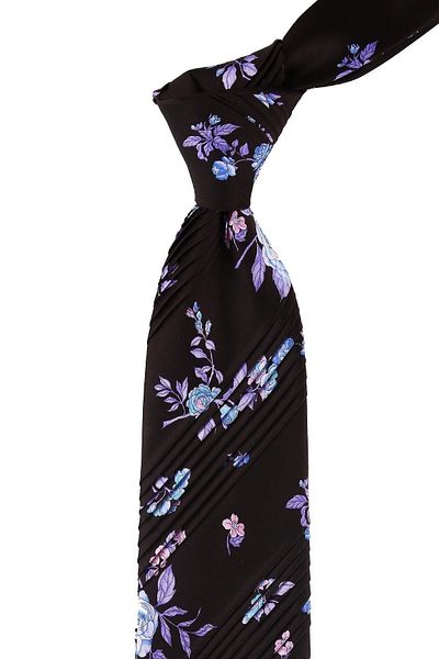 Kravatkolik Men's Black Flower Pattern Pleated Silk Tie Est144