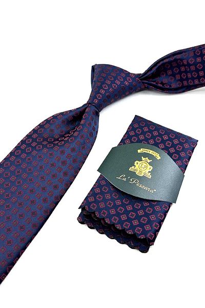 Kravatkolik Patterned Navy Blue Classic Tie with Handkerchief - KK12714