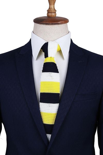 Kravatkolik Yellow - Navy Blue Striped Knitted Tie Ör8283