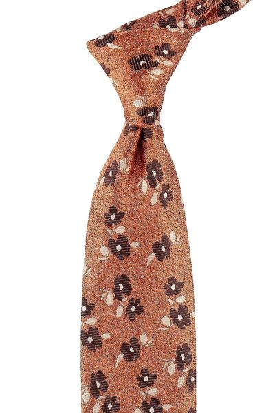 Kravatkolik Classic Necktie with Orange Flower Pattern Handkerchief Kk10739