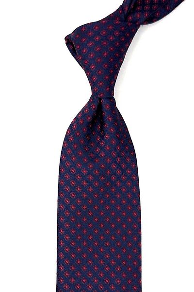 Kravatkolik Classic Tie with Red Motif Pattern and Navy Blue Handkerchief - KK12690