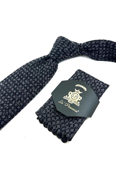 Kravatkolik Black - Smoked Polka Dot Pattern Classic Wool Tie with Handkerchief KK12128
