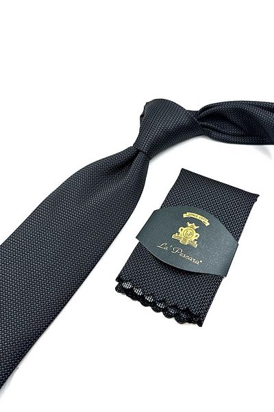 Kravatkolik Patterned Black Necktie with Handkerchief - KK12537
