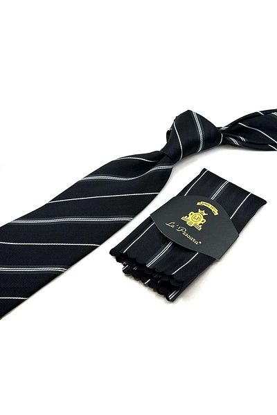 Kravatkolik Classic Necktie with Black Line Pattern Handkerchief KK12497