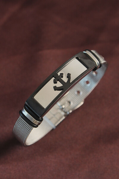 Moka Shopin Βραχιόλι από ατσάλι 316L με μαύρο διχτυωτό κορδόνι - Ρυθμιζόμενη άγκυρα