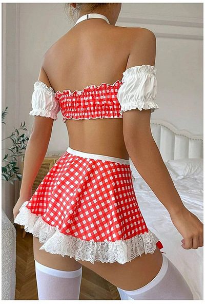SiaLess Lingerie Costum de servitoare sexy cu buline în carouri roșii