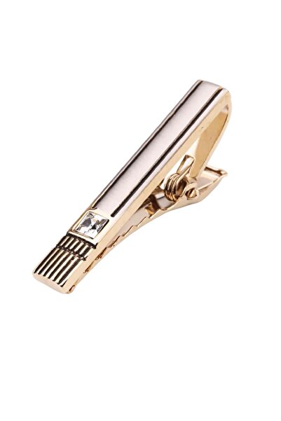 Kravatkolik Gold Renk Çizgi Desen Beyaz Taşlı Kravat İğnesi Kıy558