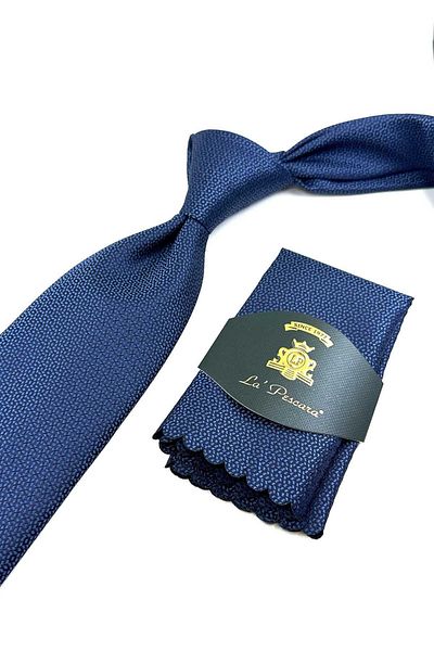 Kravatkolik Patterned Navy Blue Classic Tie with Handkerchief - KK12708
