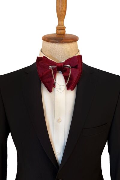 Kravatkolik Gümüş Renk Zincirli Bordo Kadife Büyük Papyon P1408